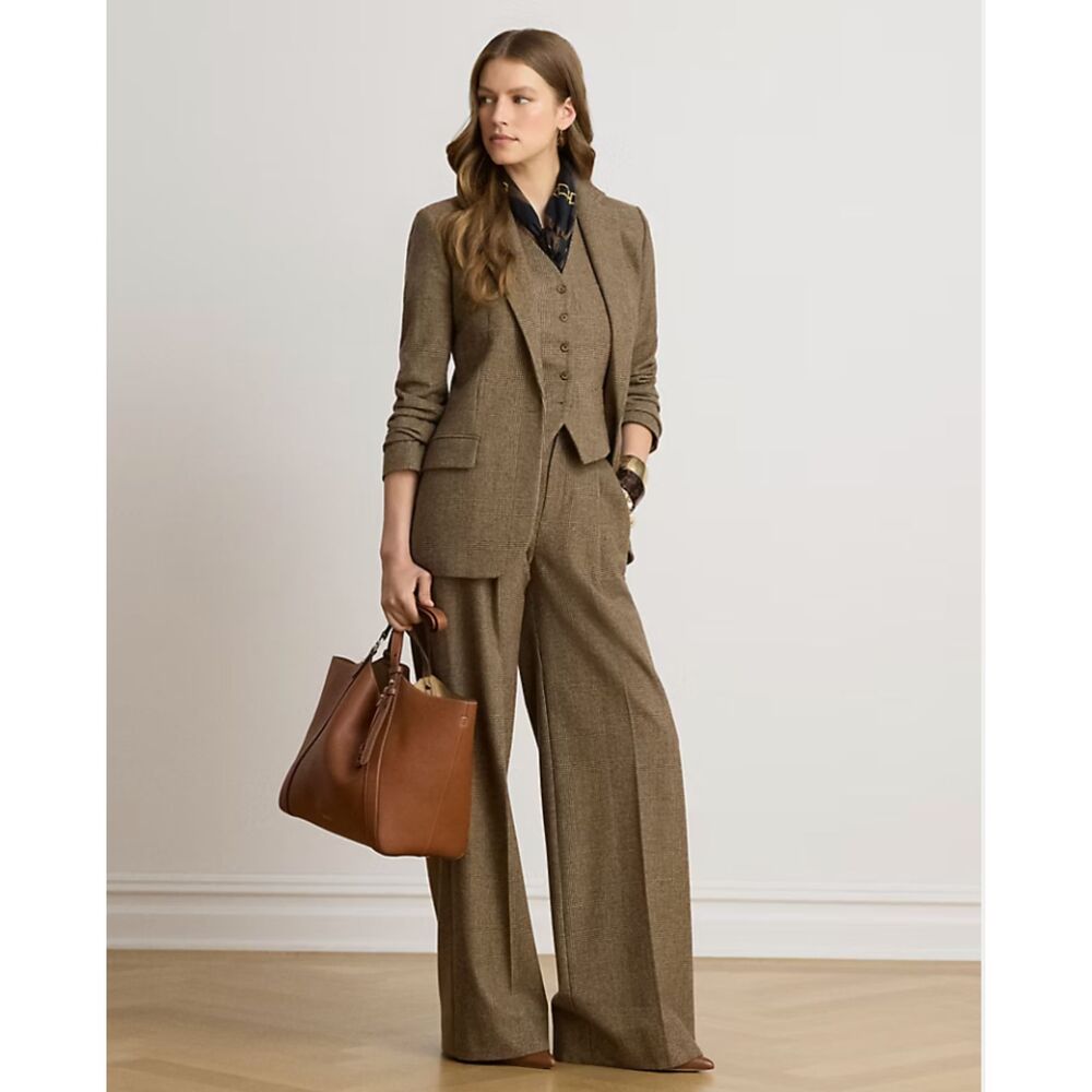 Lauren Ralph Lauren Wool Sanderson Size 8 Brown Herringbone Wide Leg Trouser